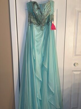 Sherri Hill Aqua Beaded Strapless Evening Gown